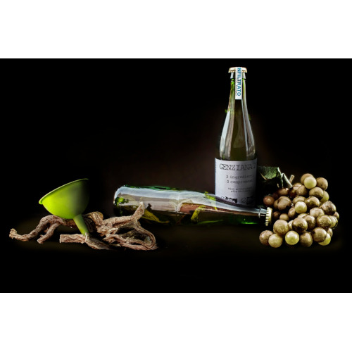 bottiglia genziana 2.0 Sottoterra ambientata con uva e imbuto